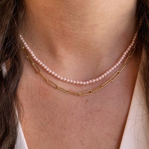 Halbe Perle halb Kette, Paperclip Gliederkette, Perlenstrang Halskette, Perle und Kettenhalskette, Multi Strang Halskette
