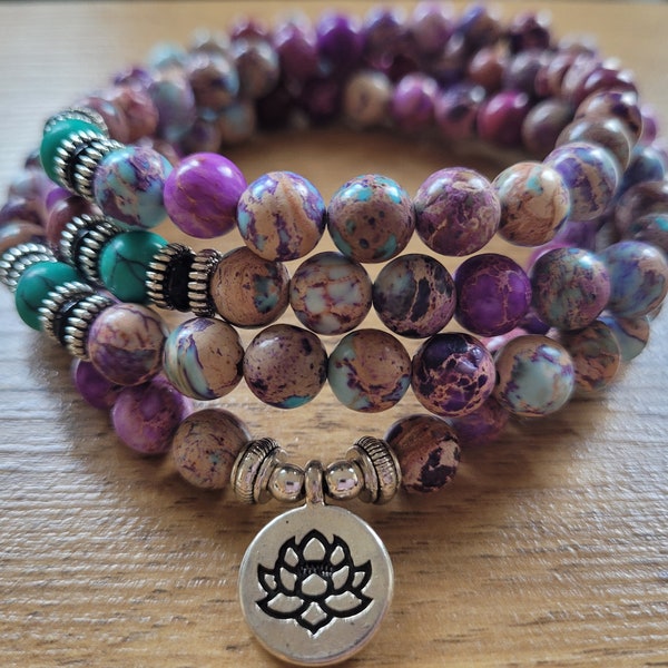 108 Mala Beads with Imperial Jasper Stones. Stunning Meditation Necklace with Lotus Charm. Japa Mala. Prayer beads.