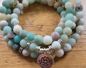 108  Mala Beads Necklace. Frosted Amazonite Beads. Stunning Meditation Necklace.  Prayer beads.