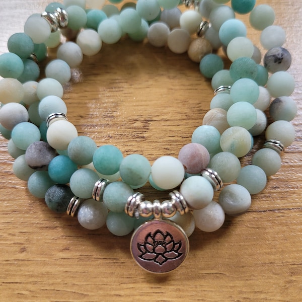 108  Mala Beads Necklace. Frosted Amazonite Beads. Stunning Meditation Necklace.  Prayer beads.