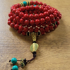 108 Mala Beads with Red Jasper Stone  Meditation Necklace. Beautiful Tibetan Mala.  Japa Mala. Prayer beads.