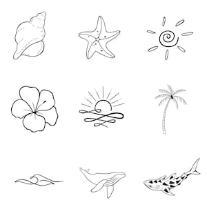 May include: A set of nine black and white line drawings of summer and beach themed icons. The icons include a seashell, a starfish, a sun, a hibiscus flower, a sunset over the ocean, a palm tree, a wave, a whale, and a shark.