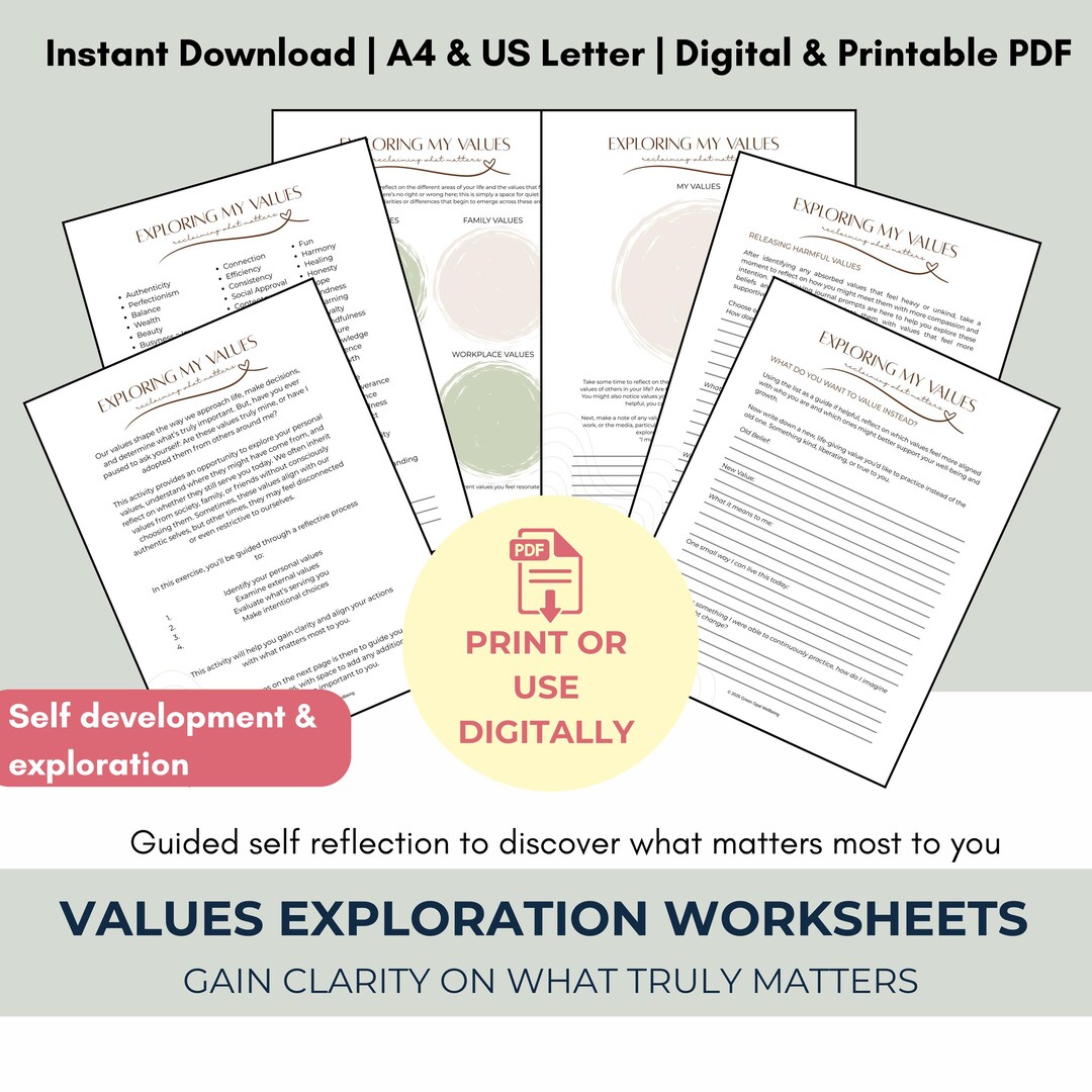 Values Exploration Worksheets, Self Discovery Guided Journal Prompts ...