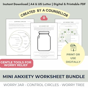 Könnte beinhalten: Ein digitales und druckbares PDF-Arbeitsblatt-Paket zur Angstbewältigung. Das Paket enthält ein Sorgen-Glas, Kontrollkreise und einen Sorgen-Baum. Der Text lautet "Erstellt von einem Berater" und "Sanfte Werkzeuge zur Sorgenbewältigung".