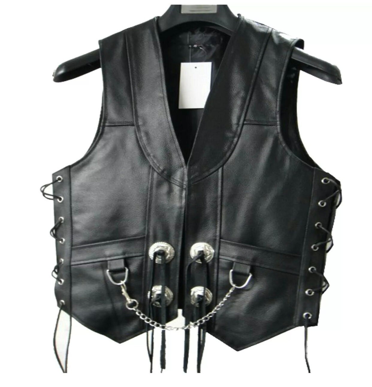 Men s Black Leather Fringed Concho Chain Vest Motorcycle Biker XS to 5XL Etsy