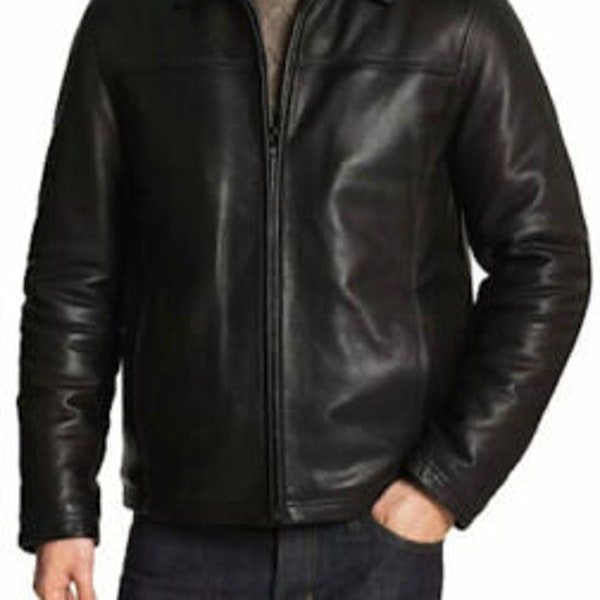 Mens Genuine Leather Jacket Flight Bomber Coat Black Lined