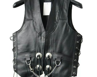 ジャケット・アウター leather fur studs concho knit vest Men's Black Leather Fringed Concho Chain Vest Motorcycle