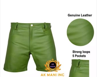 Mens Genuine Leather Short Green Casual 5 Pockets Short Zipper Fly COW LEATHER