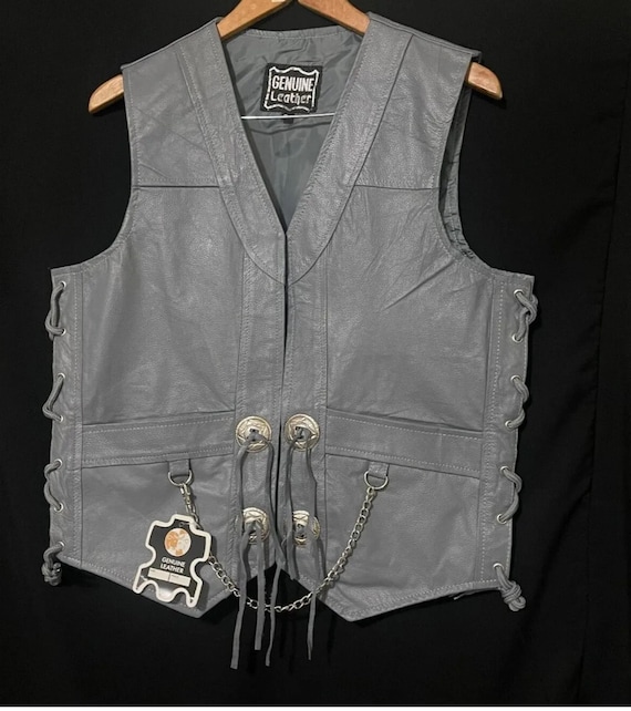 Men's Gray Leather Fringed Concho Chain Vest Motorcycle Biker