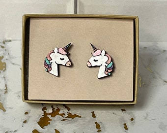 Baby Unicorn wood stud earring set
