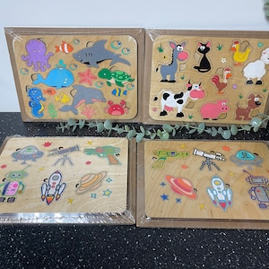 Wooden Puzzles farm animals owls sea creatures space