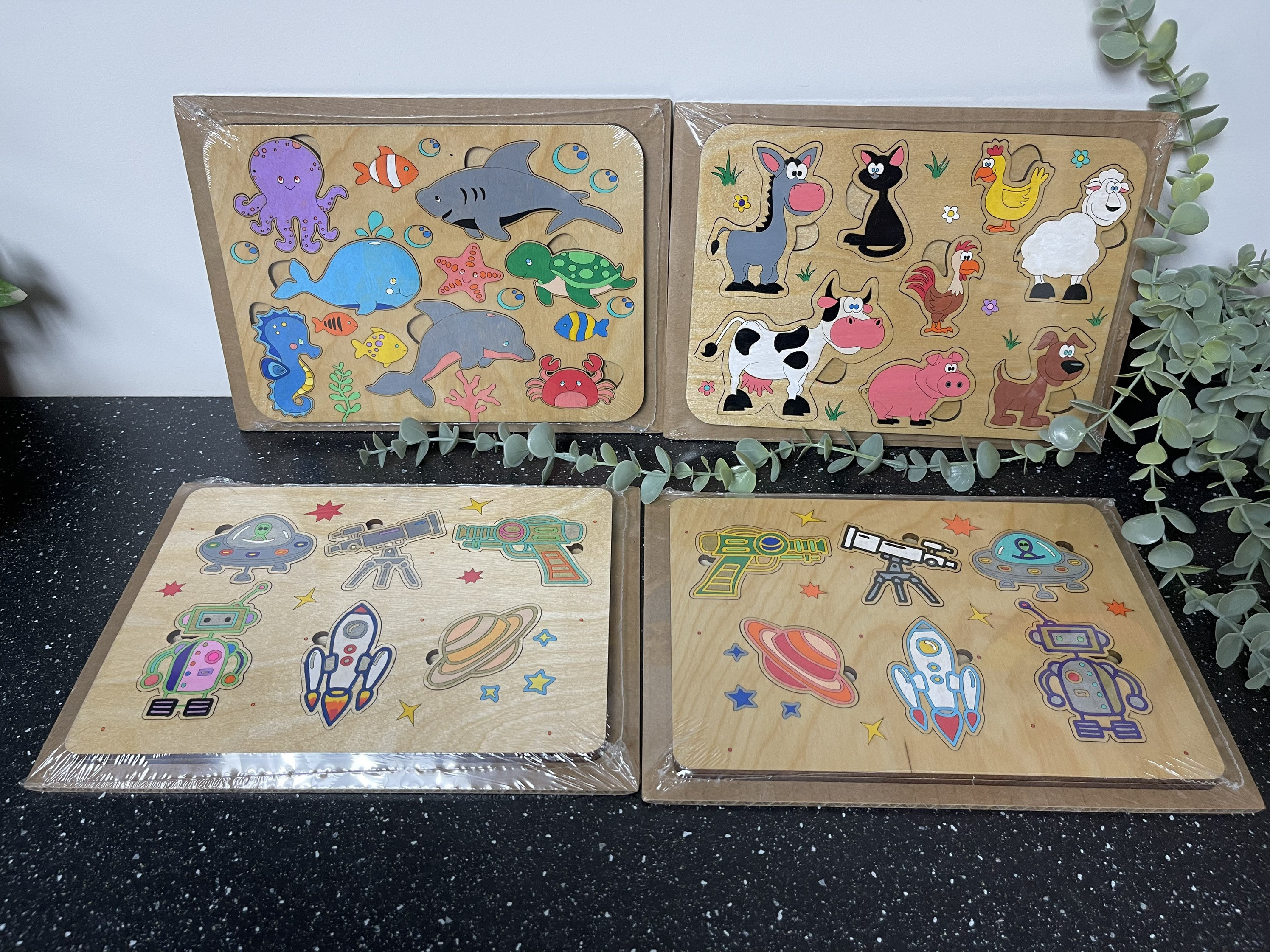 Wooden Puzzles farm animals owls sea creatures space