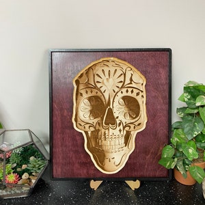 Day of the Dead Skull Dia De Los Muertos wood engraved plaque