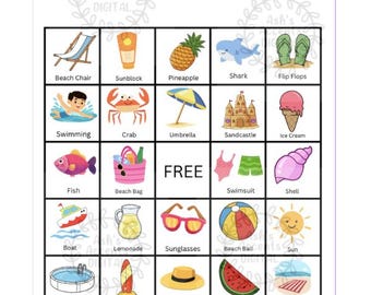 Pode incluir: Um cartão de jogo de bingo de verão branco com ilustrações coloridas de itens com tema de verão, como uma cadeira de praia, óculos de sol e melancia. O texto "SUMMER FUN BINGO" está no topo.