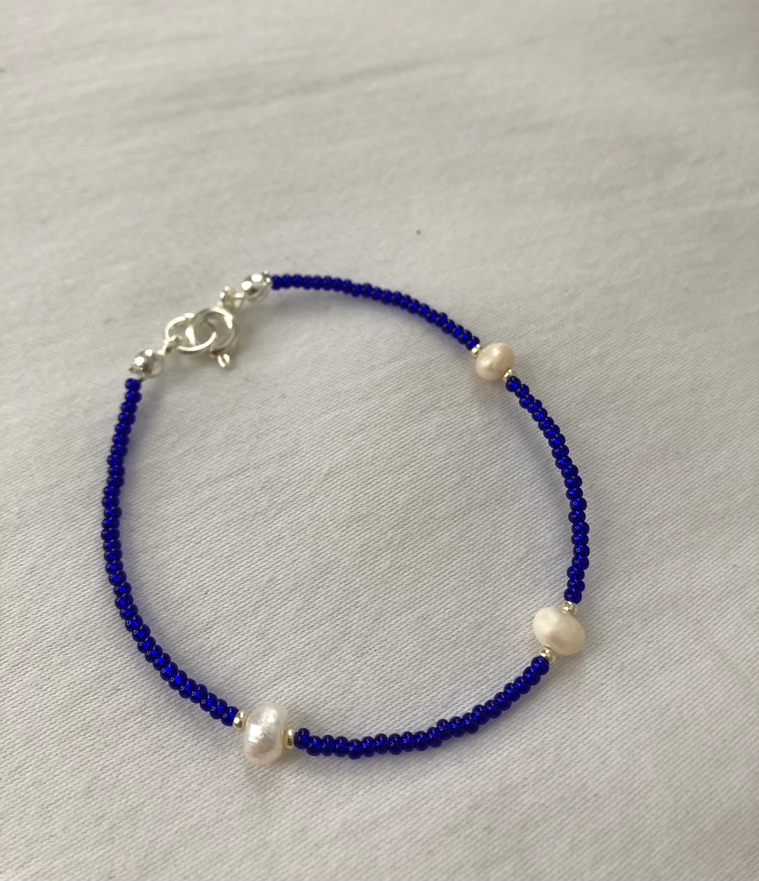 Blue beaded bracelet with pearls Etsy