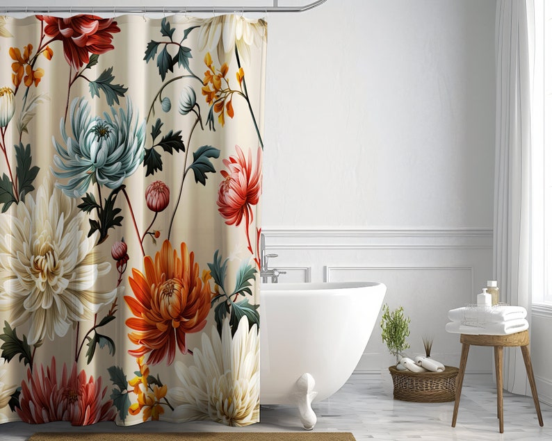 Floral Illustration Shower Curtain Trendy Flower Shower Curtains Minimalist Art Curtain Modern