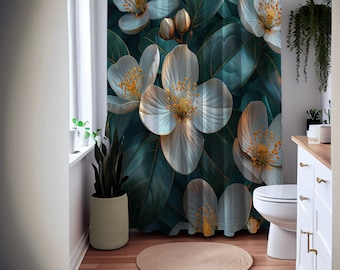 Rideau de douche avec Illustration florale, rideau de douche à fleurs tendance, rideau d'art minimaliste, décor de salle de bain moderne
