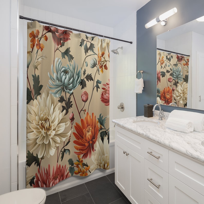 Floral Illustration Shower Curtain Trendy Flower Shower Curtains Minimalist Art Curtain Modern