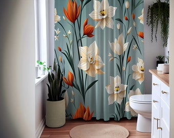 Floral Illustration Shower Curtain Trendy Flower Shower Curtains Minimalist Art Curtain Modern Bathroom Decor