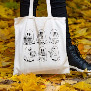 Ghostly Bookworms Canvas Tote, Halloween Bag, Ghosts Reading Tote, Book Lover Gift Bag, Halloween Reading Teacher Bag, Cute Literary Tote