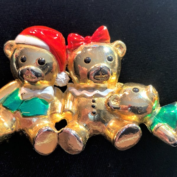 Vintage Signed AJC Brooch with Three Adorable Bears Papa Mama & Baby