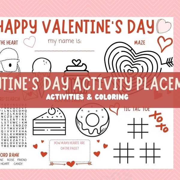 Valentine's Day Coloring Page | Valentine's Craft | Printable, Print at Home Coloring Page | Valentine's Day Paper Placemat