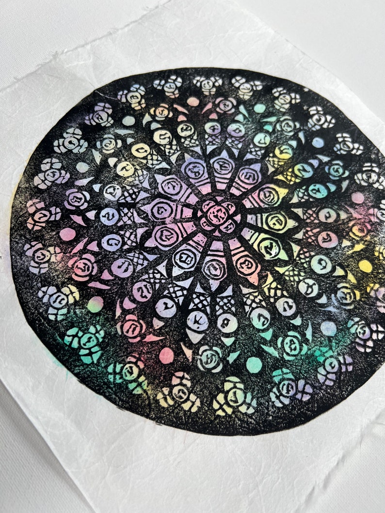 Linocut Window Stained Glass Window, Colorful Original Linocut Print - Multicolor ...