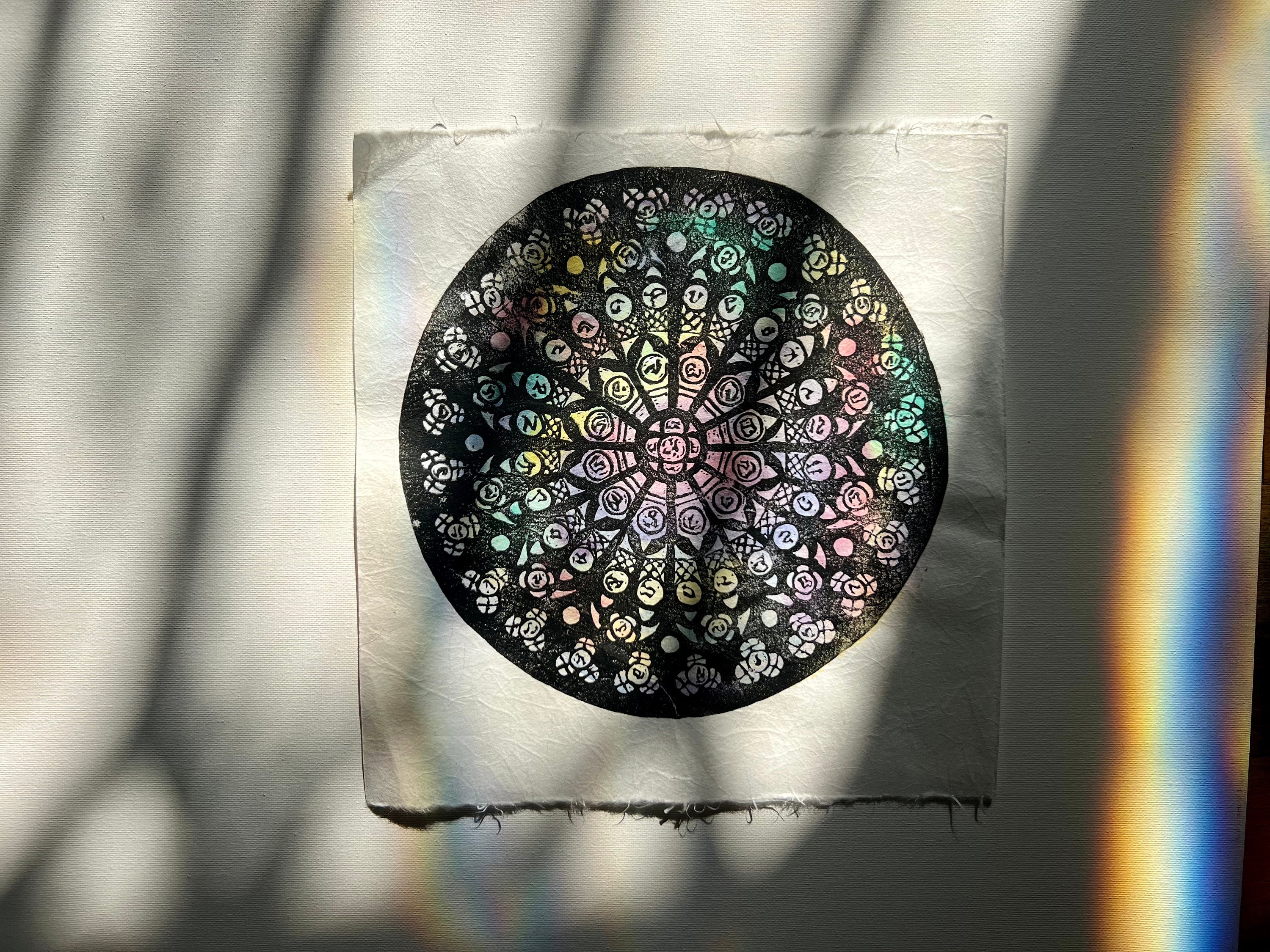 Linocut Window Stained Glass Window, Colorful Original Linocut Print - Multicolor ...