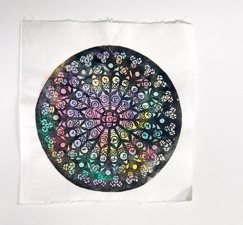 Linocut Window Stained Glass Window, Colorful Original Linocut Print - Multicolor ...