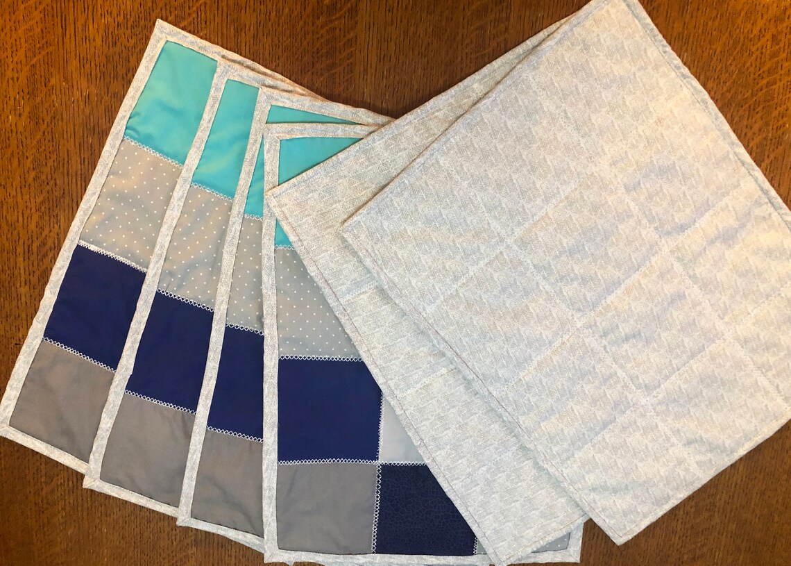 Blue and Gray Quilted Placemats Set of 6 Etsy