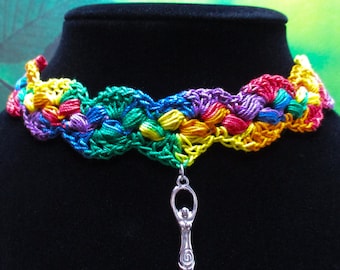 Rainbow Crochet Choker with Charm