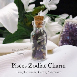 Peut inclure: Un petit charme en forme de bouteille en verre avec un bouchon en liège, rempli de lavande séchée, d'aiguilles de pin et de cristaux d'améthyste. La bouteille est étiquetée "Pisces Zodiac Charm" et "PINE, LAVENDER, CLOVE, AMETHYST".
