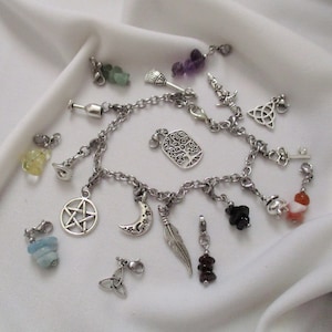 Charm Bracelet with steel genuine stone chips & charms Build your own witch pagan heathen druid