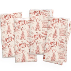 Vintage Christmas Toile Cloth Fabric Napkins, Set of 4