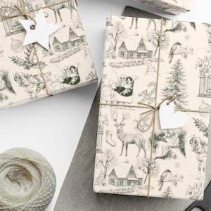 Green Vintage Christmas Toile on Cream - Gift Wrapping Paper Roll