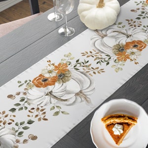 Thanksgiving Fall Table Runner - Autumn Pumpkin - White Watercolor - Table Setting Decoration Idea