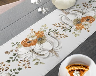 Thanksgiving Fall Table Runner - Autumn Pumpkin - White Watercolor - Table Setting Decoration Idea