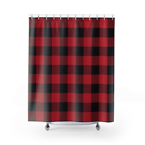Shower Curtain - Red Buffalo Plaid Check Fabric Long Waterproof, Gingham, Rustic Farmhouse, Cabin, Christmas Bathroom Decor