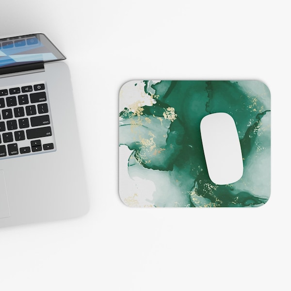 Aesthetic Desk Decor - Gold Emerald Green Marble Look Mouse Pad (Rectangle)