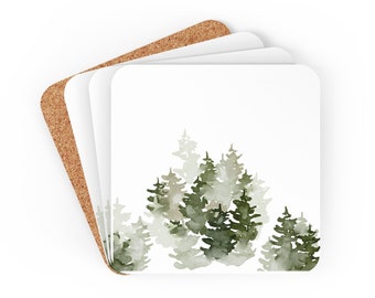 Sage Green Forest Cork Back Christmas Corkwood Coaster Set of 4