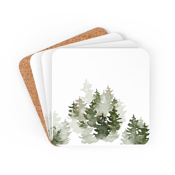 Sage Green Forest Cork Back Christmas Corkwood Coaster Set of 4