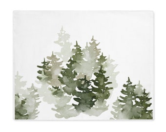 Christmas Placemat - Winter Holiday Green Forest Watercolor Cotton - Housewarming Gift, Sage Green Decor (Set of 2)