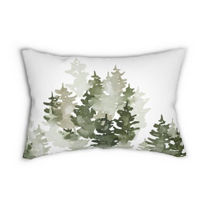 Sage Green Lumbar Throw Pillow Living Room Cabin Decor - Watercolor Forest/Tree perfect for Cottage, Christmas, Woodsy Home Decor, 14x20