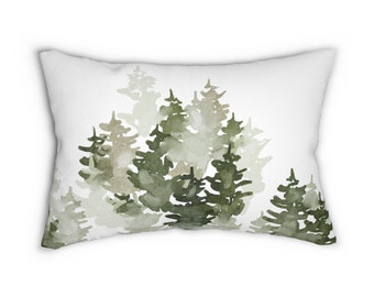 Sage Green Lumbar Throw Pillow Living Room Cabin Decor - Watercolor Forest/Tree perfect for Cottage, Christmas, Woodsy Home Decor, 14x20