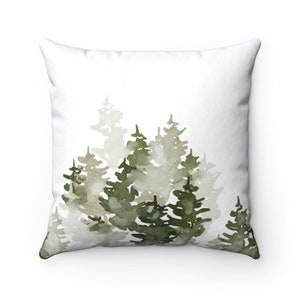 Square Pillow Cover - Sage Green Decor - Watercolor Forest Throw Pillow