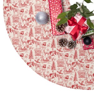 Christmas Tree Skirt - Red Vintage Toile, French Country Holiday Decor