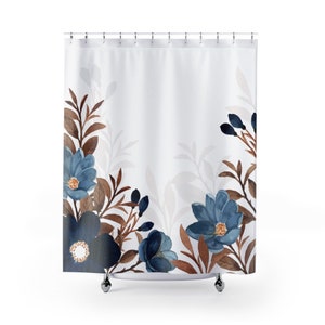 Shower Curtain - Blue Floral Long Waterproof Fabric - Bathroom Decor Accessories