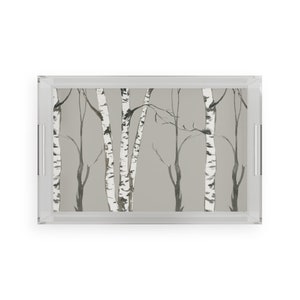 Decorative Tray - Coffee Table Ottoman Acrylic Serving Tray - Birch Tree Winter Forest Watercolor