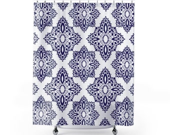 Shower Curtain - Blue and White Pattern - Long Waterproof Fabric