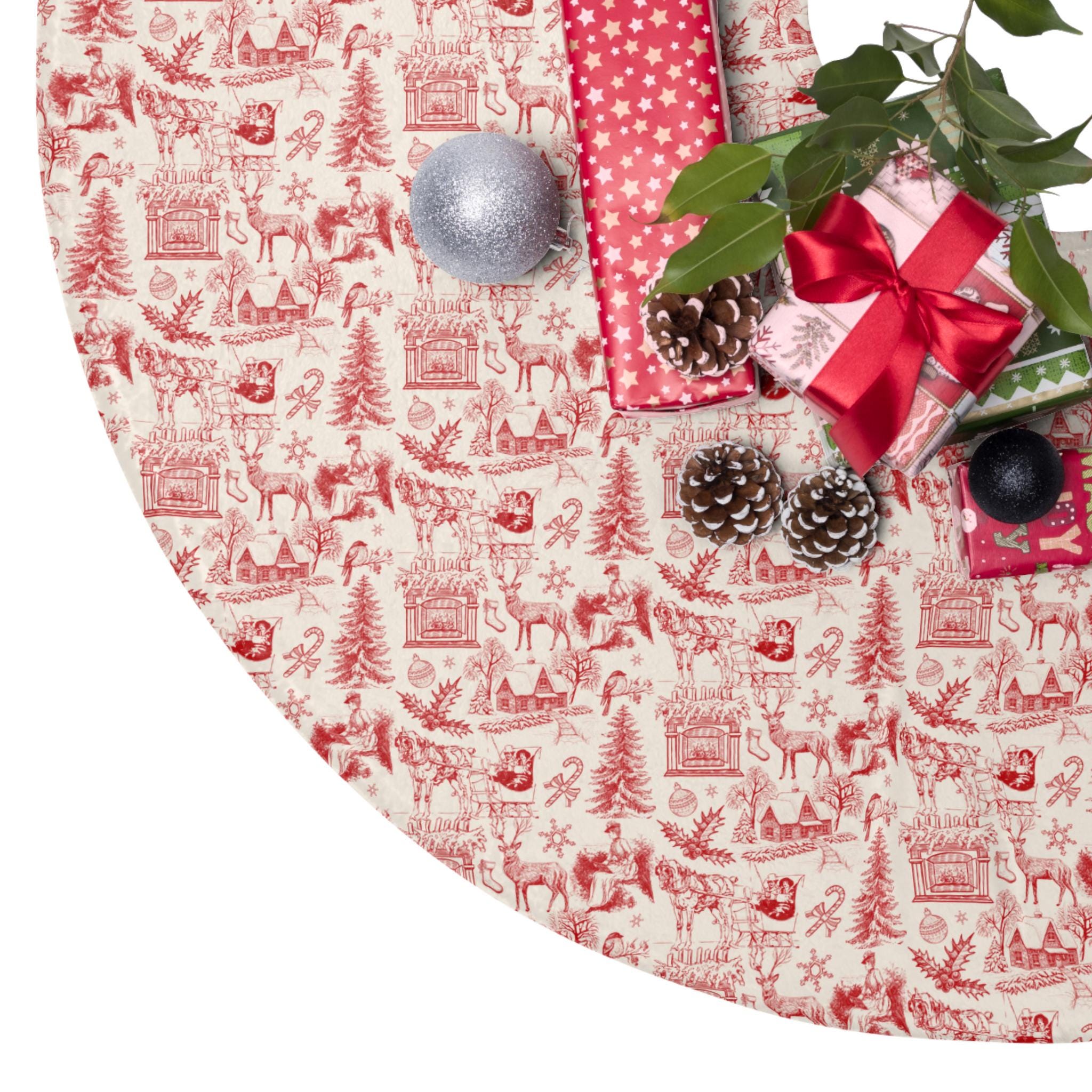 Christmas Tree Skirt - Red Vintage Toile, French Country Holiday Decor